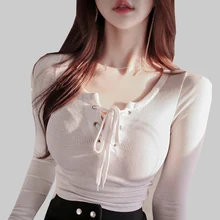 Basic T Shirt Long Sleeve 2019 New Autumn Women T-shirts Fashion Tops Tee Sexy Slim Lace Up White O-Neck Korean Tee Shirt Femme white t shirt with lace up details