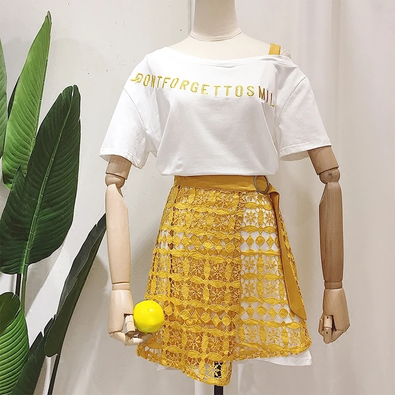 

2018 Summer New Fashion Women Oblique Collar Letter Embroidery Long T-shirts + Lace Floral Hollow Out Skirts 2 Piece Sets