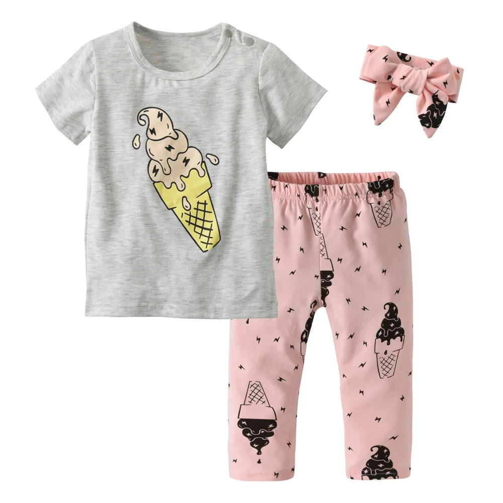 

3Pcs/Set Cute Ice Cream Print Newborn Baby Girls Clothes Toddler Short Sleeve T-shirt+Pants+Headband Outfits Set Infant Clothing
