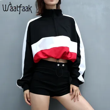 

Waatfaak long-sleeved pullovers hoodies Deep V Neck Top Drawstring Loose Cropped Patchwork Sweatshirt Women Kawaii Oversize 2018