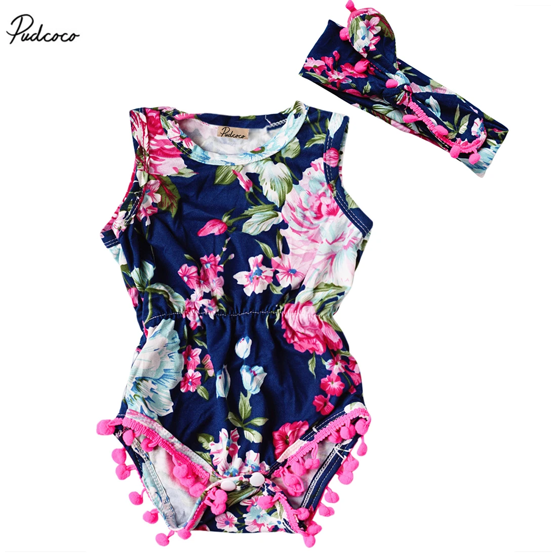 

Newborn Baby Girls 2017 New Summer Floral Romper Sleeveless Tassel Jumpsuit Headband Sunsuit Outfits Clothes 0-24M