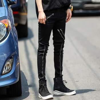 

2018 new men's GD personality trend multi-zip jeans Korean nightclub hip hop DJ slim feet pants