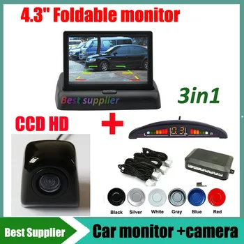 

3in1 4.3" Car monitor mirror foldable monitor + HD car rear view backup reverse parking camera CCD universal +parking sensor