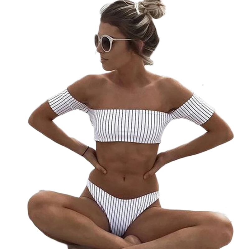 

Off The Shoulder Bikini 2017 White Striped Bandeau Bikini Set Sexy Swimwear Women Strapless Swimsuit Bathing Suits S-L Swim Suit