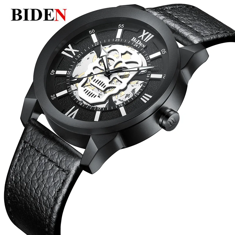 

BIDEN Unique Skull Mens Black Watches Luxury Top Brand Quartz Wristwatch Leather Band Sports Male Clock Reloj Hombre 2018