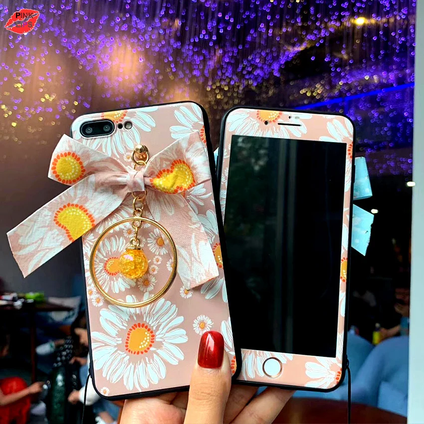 PINK LIPS Brand For iPhone XS Max XR 3D flower Case +Tempered Glass Screen film Cartoon Floral case for iPhone 6 6S 6 7 7plus 10 (4)