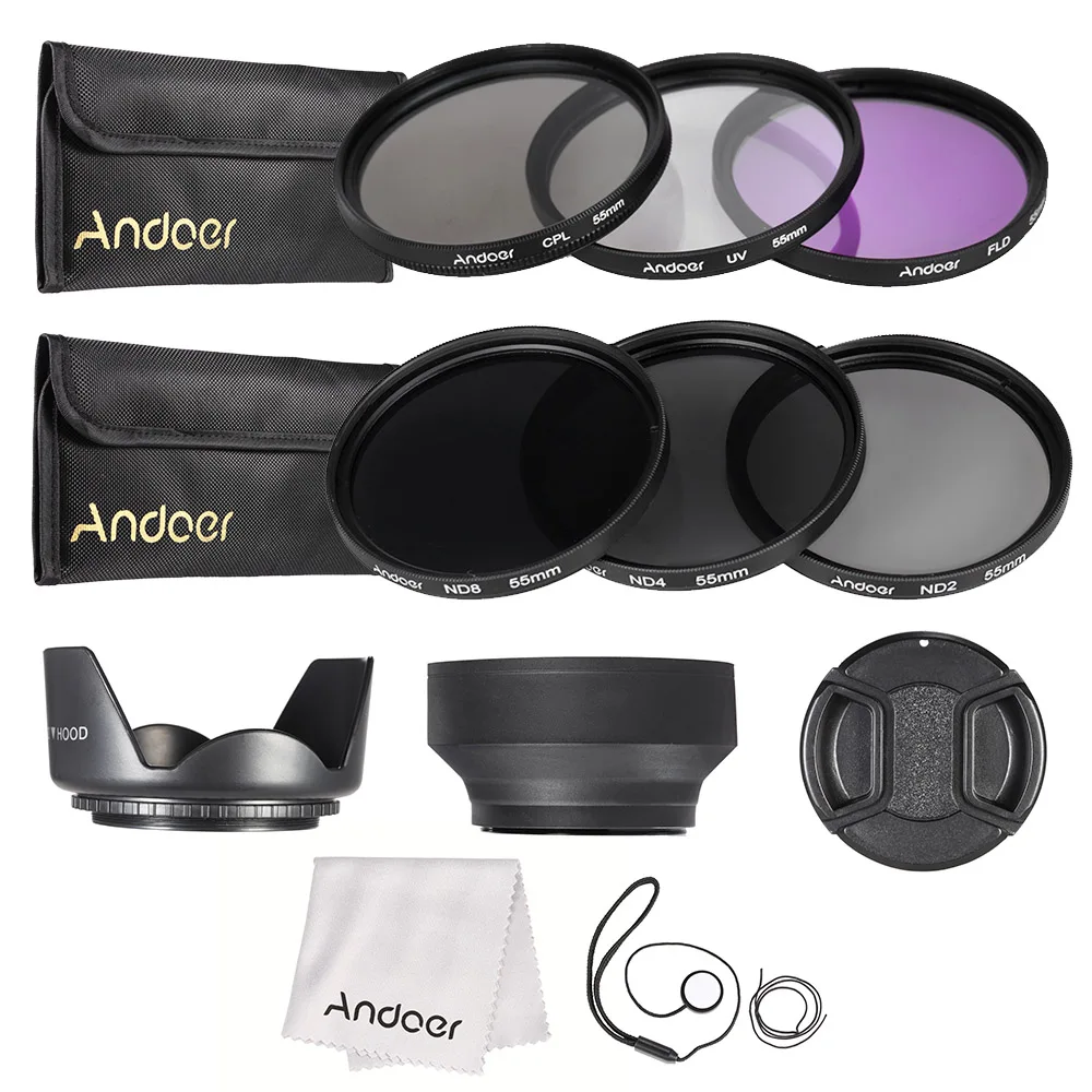 

Andoer 55mm Lens Filter Kit UV+CPL+FLD+ND with Carry Pouch / Lens Cap / Lens Holder / Tulip & Rubber Lens Hoods / Cleaning Cloth
