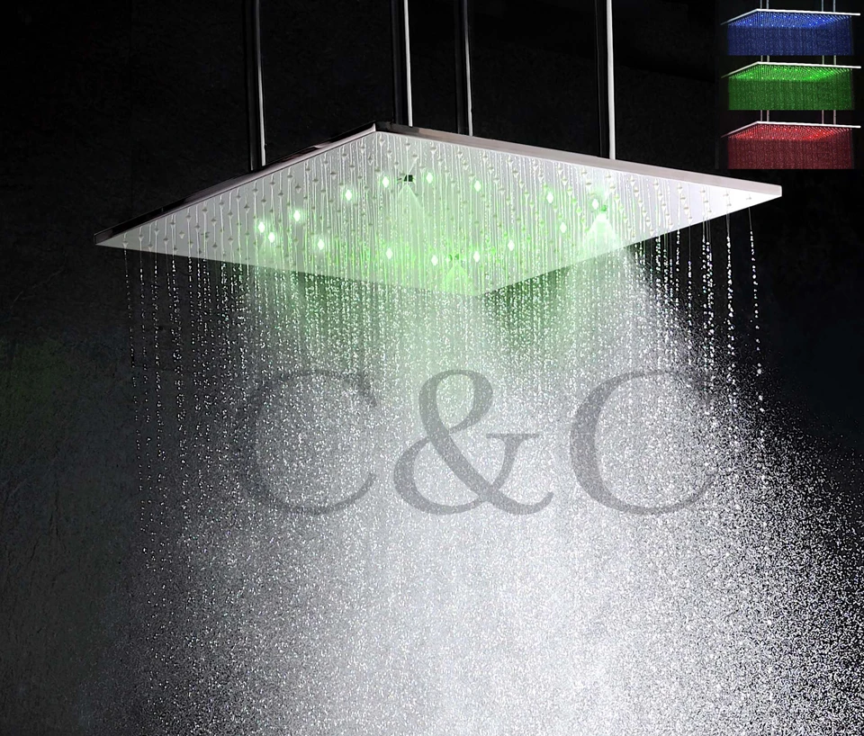 

20 Inch Ceiling Mounted Temperature Sensitive 3 Colors Top Shower With Arms Atomizing And Rainfall LED Shower Head
