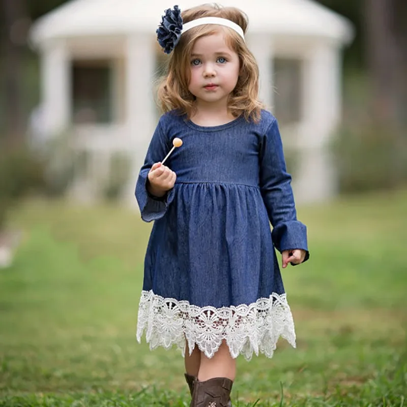 

Spring Autumn Girls Princess Tutu Dress Children Clothing Denim Lace Evening Dress Kids Long Sleeve Party Dresses Q1