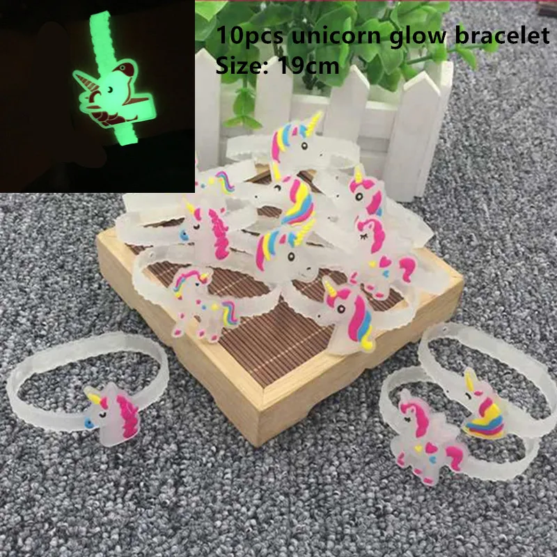 Вечерние резиновые браслеты с единорогом и фламинго, украшения для дня рождения, подарки для детей, вечерние украшения для вечеринки - Цвет: 10pcs Glow bracelet