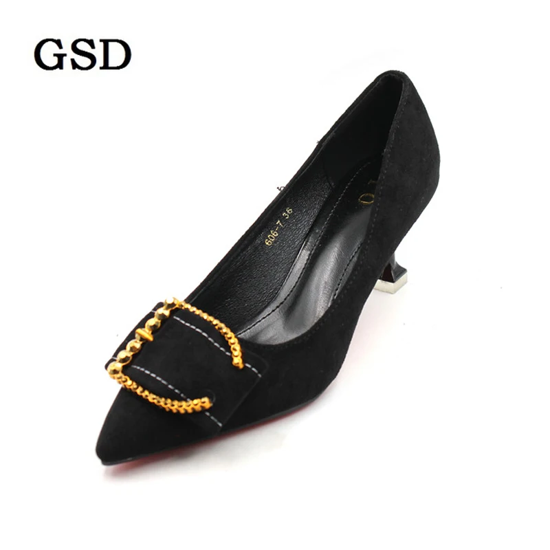 Brand Shoes Woman High Heels Pumps Black High Heels 6CM Women Shoes High Heels Wedding Shoes Flock Pumps Metal Buckle Heels