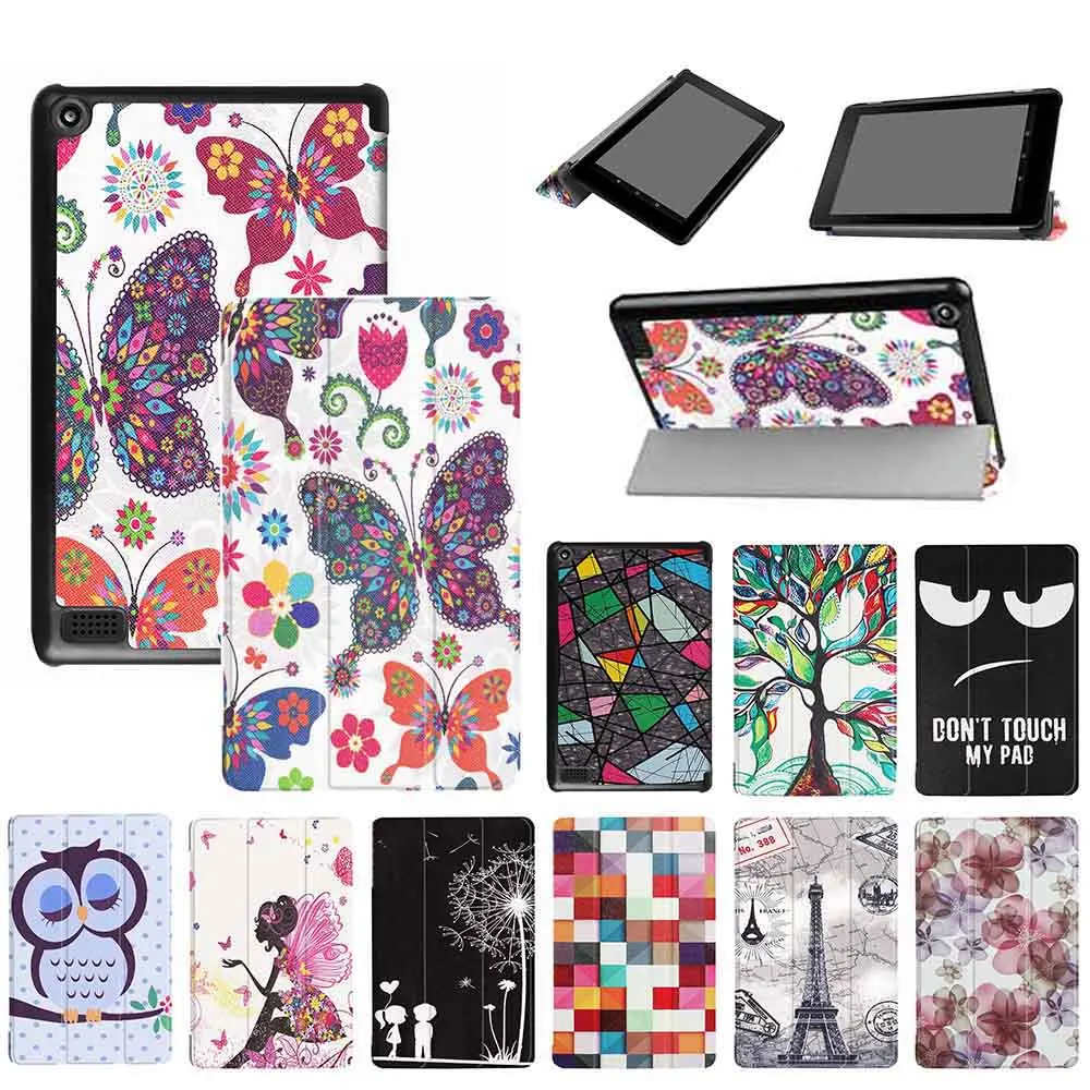 

Painted Leather Case Cover For Amazon New Fire 7 with Alexa Display Kindle fire 7" 2017 Tablet Flip Case Folding Stand Cover