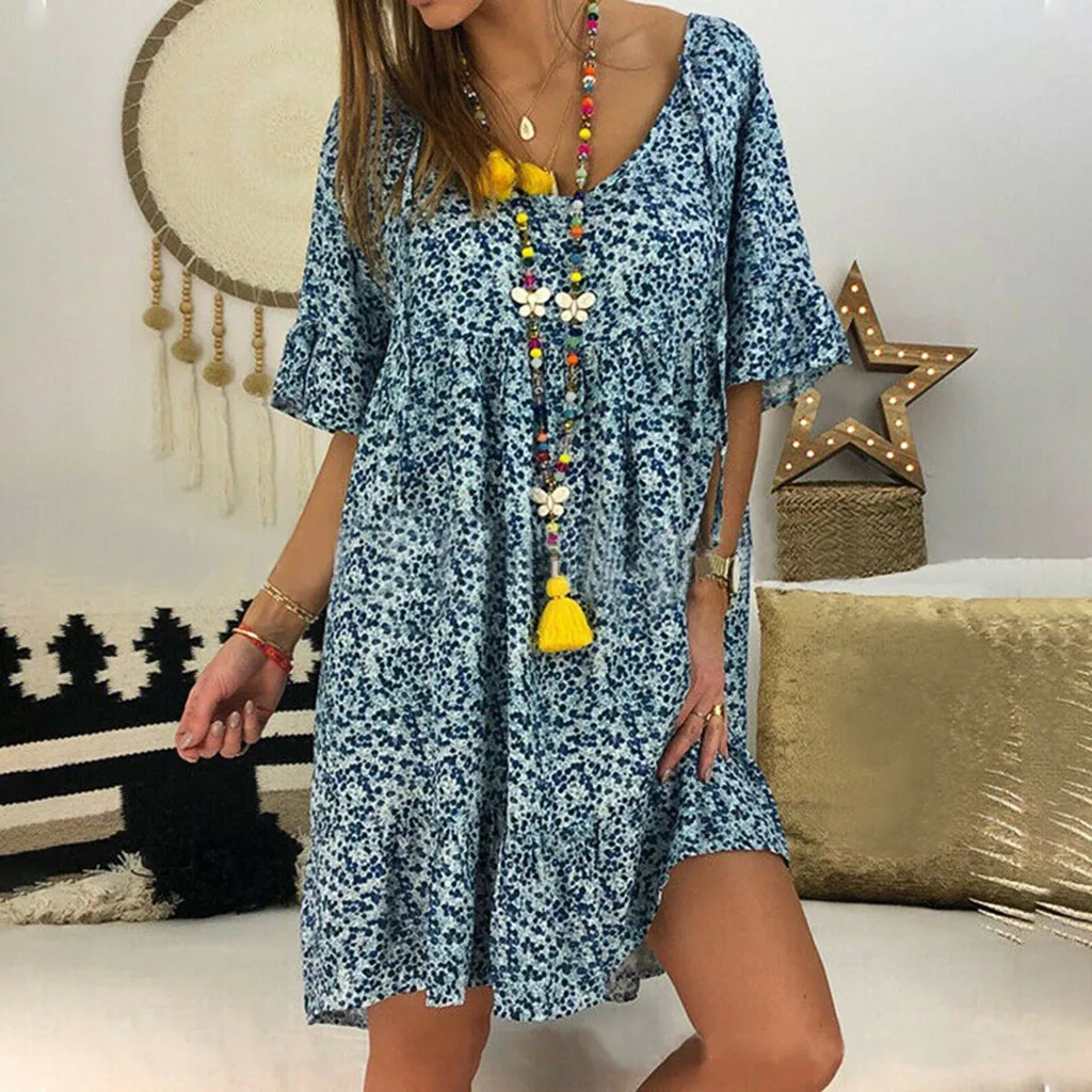 

Feitong Dress Women Summer Loose Boho Dress Ladies O Neck Ruffle Short Sleeve Print Chiffon Loose Dress Vestidos Verano 2019