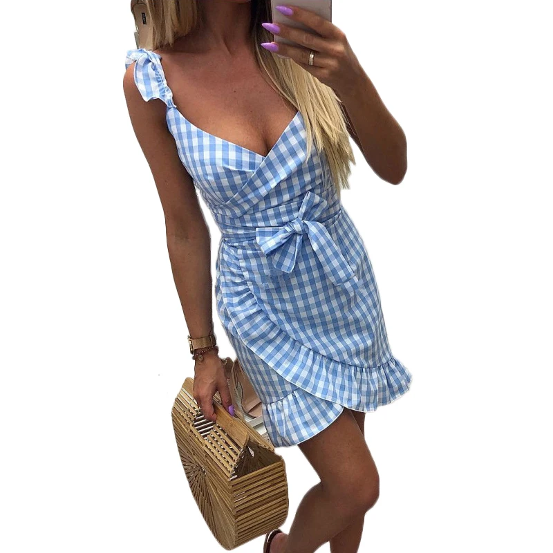 

Sexy V-neck Spaghetti Strap Backless Plaid Irregular Dress Summer Women 2019 Wrap Mini Dresses For Women Vestidos