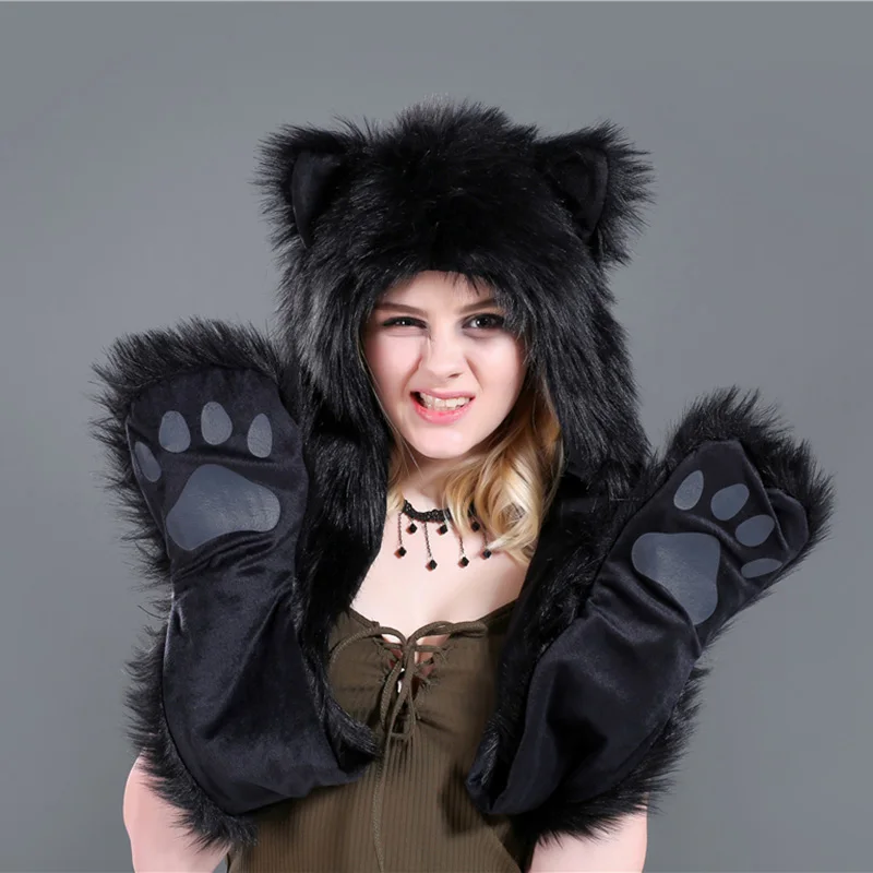 

Droppshiping Faux Fur Animal Hat Scarf Gloves Winter Mittens 3 In 1 Function Hoodie with Paws Ears dg88