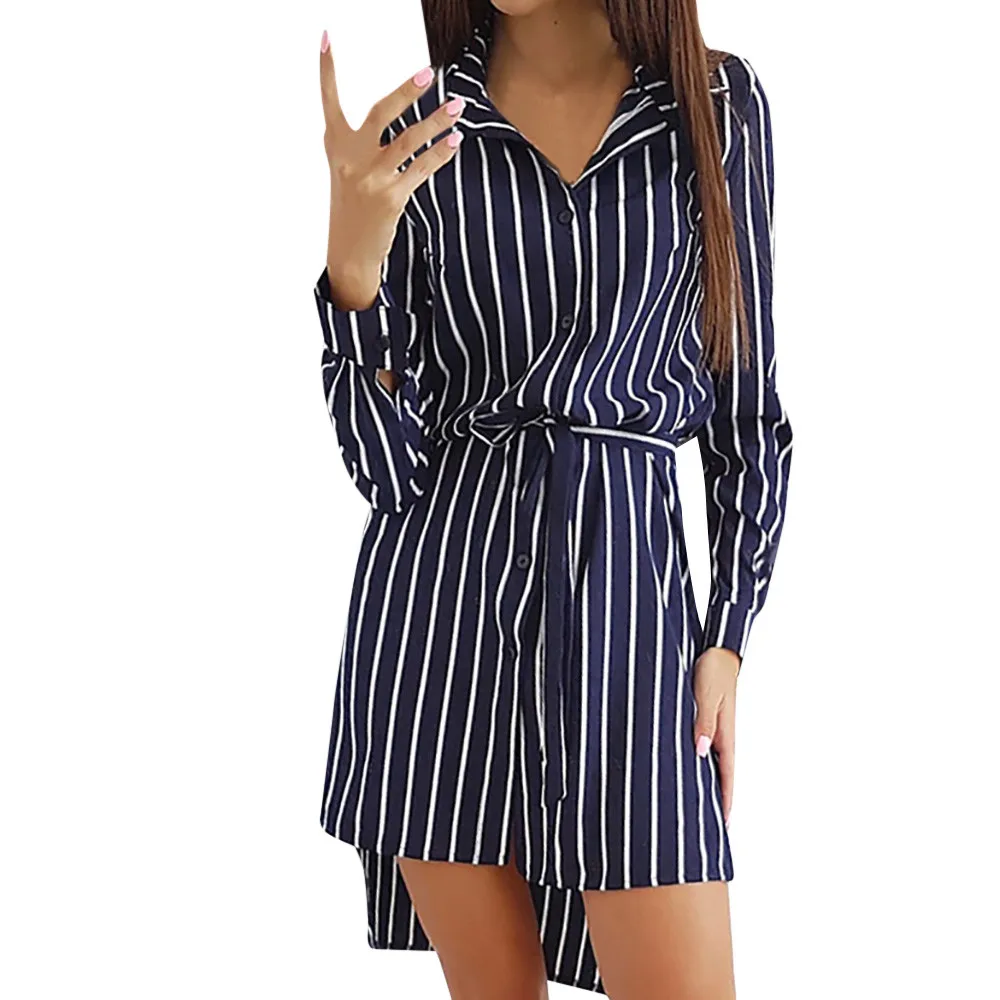 

FeiTong Casual button split short dress shirt office lady Vintage women dress plus size spring Turn-down collar dress streetwear