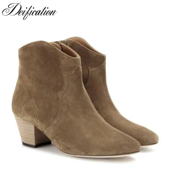 

Deification Solid Chunky Heel Cowboy Riding Boots Fashion Cow Suede Ankle Boots Round Toe Motorcycle Shoes For Woman Botas Mujer