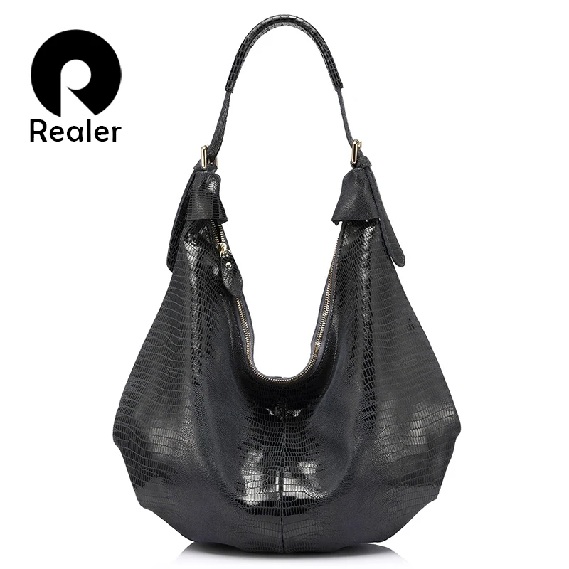 

REALER genuine Leather bag female Fashion New design handbag animal pattern Hobo bags High Quality Women Tote Bag