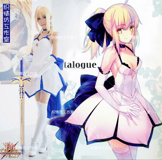 

Fate/ZERO Saber Lily Yuri Party Dress+wigs+socks Skirt Cosplay Costume Free Shipping