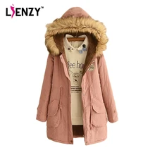 LIENZY 2016 Зима Женщины Пуховик С Капюшоном Меховым Воротником Карманный Теплый Бархат Розовый Длинные Женщины Хлопок Вниз Пальто