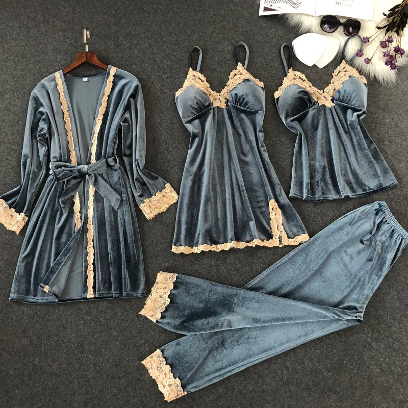 

4 Pieces Velvet Pajamas Sets Solid Color Lace Spaghetti Strap Nightgown Women Winter Pants Soft Pyjama with Chest Pads