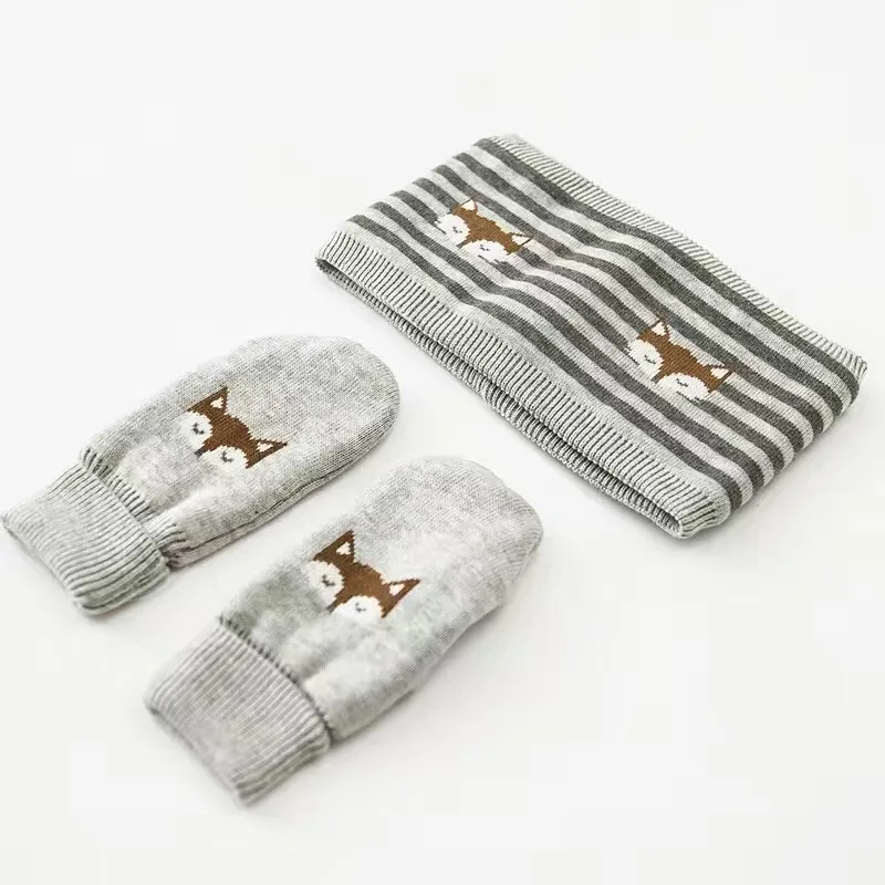 Хлопковая детская шапка + шарф перчатки с вышивкой Little Fox вязаные детские шапочки