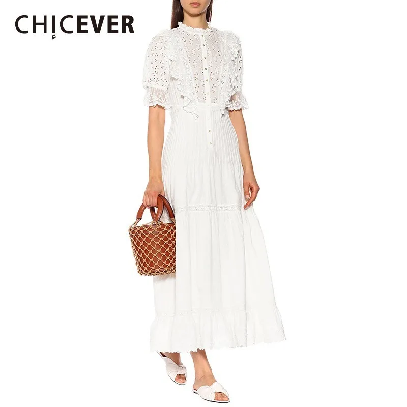 

CHICEVER Summer Beach Chiffon White Patchwork Lace Hollow Out Dress For Women Stand Collar Puff Sleeve High Waist A-line Dresses