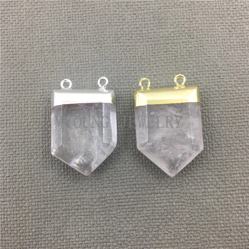 

MY0502 Faceted Clear Quartz Point Pendant with Pure Gold& Silver Color Cap And Double Bail White Crystal Stone Pentagon Charm