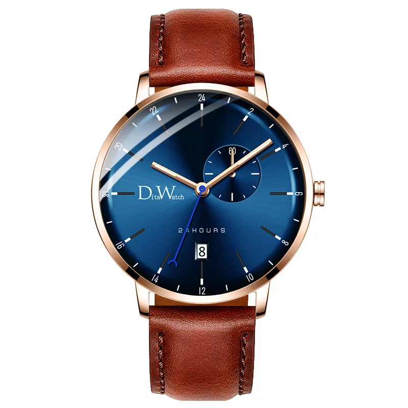 DITA часы мужские модные креативные простые тонкие циферблат красочные водонепроницаемые Авто Дата Доступные ремешок наручные часы Montre Homme - Цвет: rose blue(leather)