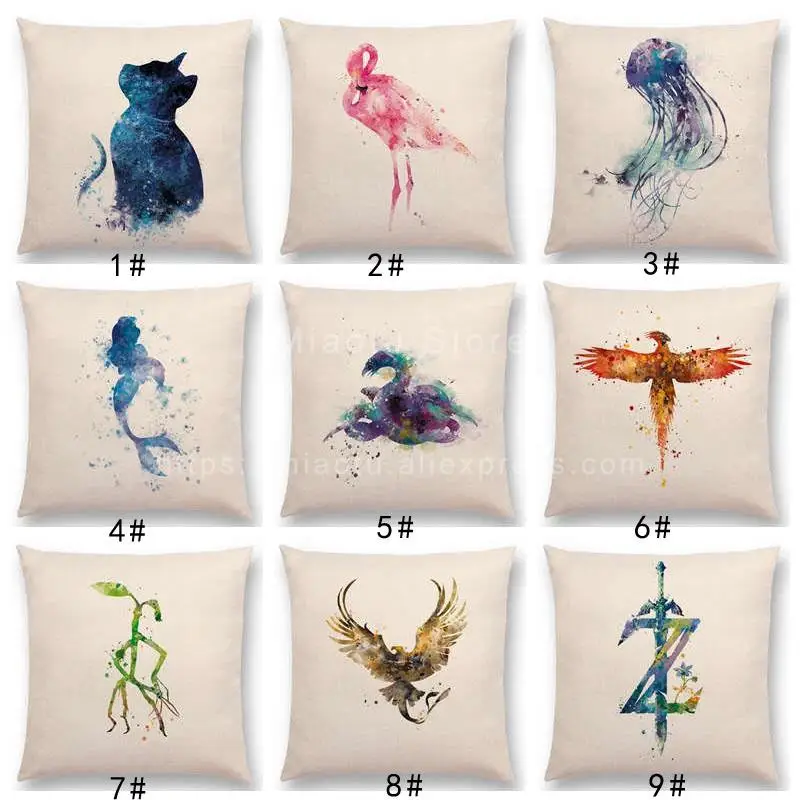 

Latest Hogwarts Final Fantasy Pillow Case Breath Wild Jellyfish Thunderbird Flamingo Animals Watercolor Prints Cushion Cover