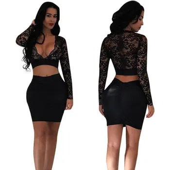 

New sexy Women lace transparent 2pcs outfit sets Long Sleeve V-neck crop top and slim skirts Evening Party clubwears fashion