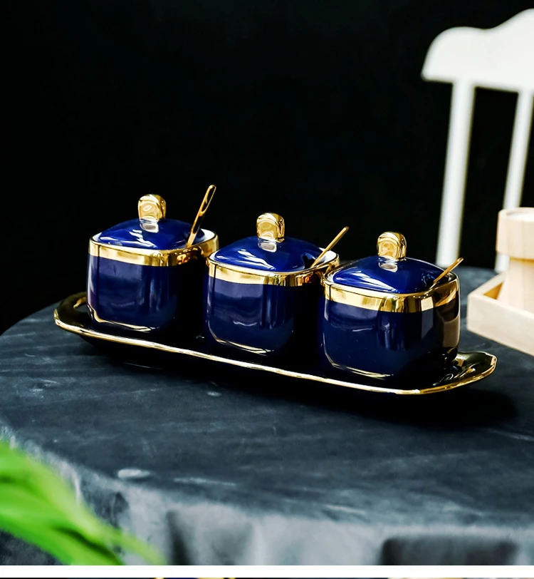 Скандинавский светильник, роскошные Индиго керамические банки для сахара, солонка, баночка для приправ, чаша для приправ, четыре комплекта цветочных и фруктовых чайников