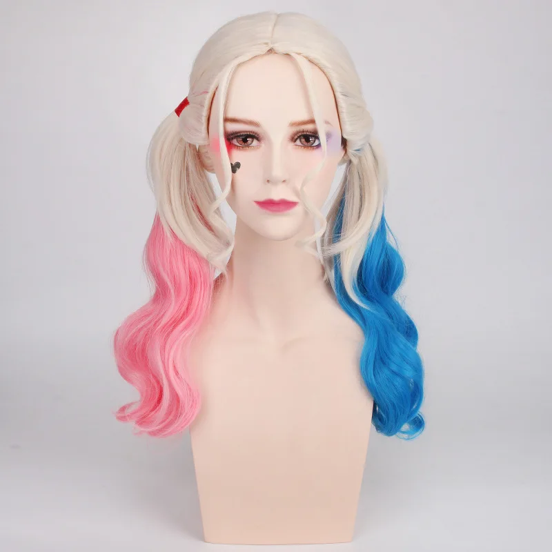 Cosplay&ware Squad Harley Quinn Wig Pink And Blue Long Curly Hair Cosplay Colorful Bunches Fancy Costumes -Outlet Maid Outfit Store