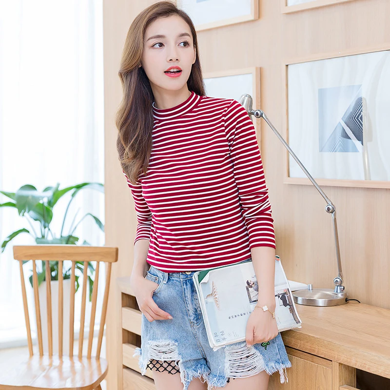 Blusas Femme Camisas Femininas Manga Longa 2017 Korean Fashion Knitted Cotton Turtleneck Striped Blouse Long Sleeve