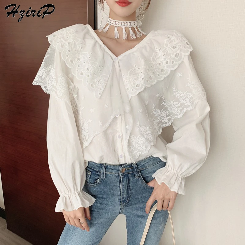 

HziriP 2019 Korean Chic Top New Elegant White Fresh Lantern Sleeves Vintage V-Neck Fashion Solid Shirt Office Lady Women Shirt