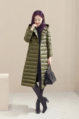 Новая зимняя Женская легкая пуховая куртка, длинное пуховое пальто, Дамский Тонкий пуховик размера плюс, белая пуховая куртка, пальто с капюшоном, женские куртки WZ107 - Цвет: Армейский зеленый