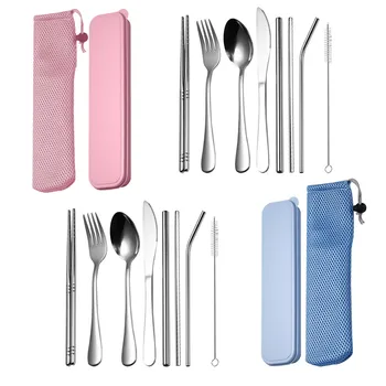 

2Sets Reusable Tableware Set Stainless Steel Spoon Fork Knife Chopsticks Straw with Box Dinnerware Set for Couples Travel Picnic
