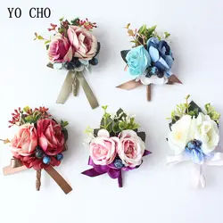 Йо Чо корсажи свадебный искусственного шелка Роуз наручные Цветы браслет белого и синего цвета жениха свадебная бутоньерка выпускного