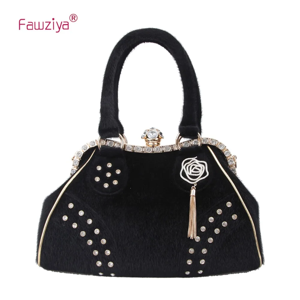 Fawziya Fur Purses And Handbags Rose Tassel Leather Shoulder Bag For