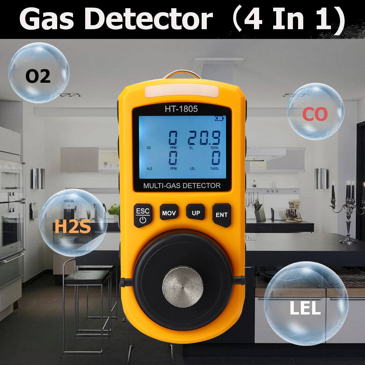 

O2 CO H2S LEL HT-1805 Four-in-one Gas Detector Light Alarm Function Liquid Crystal Display Screen TWA STEL Vibration Buzzing