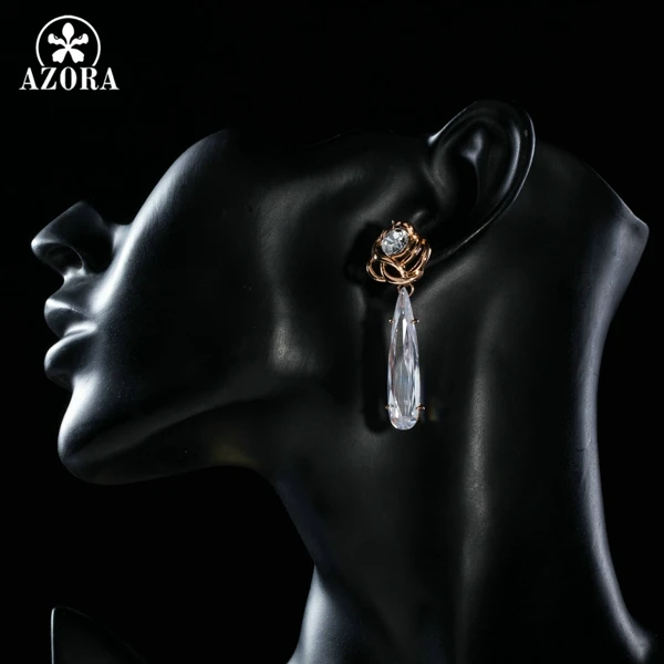 AZORA Elegant Attractive Rose Gold Color Long Clear Cubic Zirconia Water Drop Earrings for Women TE0218