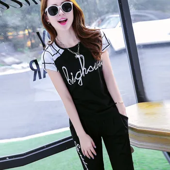 

2 pcs/set Women's Fashion Casual Summer Sports Suits Tracksuit Letter Print T-Shirt And Calf-Length Elastic Waist Pants