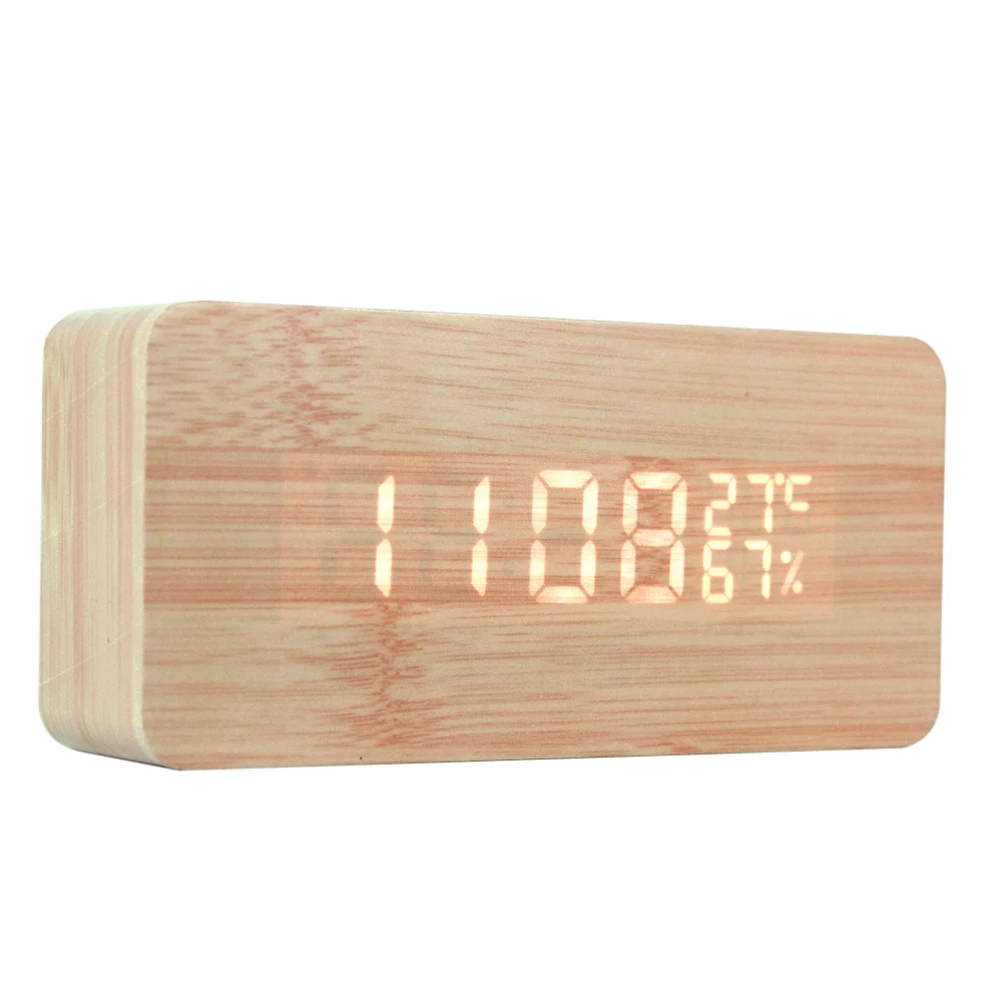 OULII Desk Clock Wood Clock LED Wooden Digital Alarm Clock Displays Time Date And Temperature