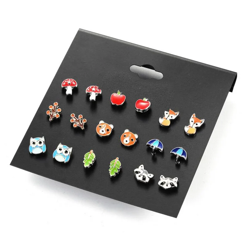 

9 Pairs/lot Cute Fashion Resin Small Animal Fox Butterfly Stud Earrings Set For Children Women Aros Pendientes Kids Brinco