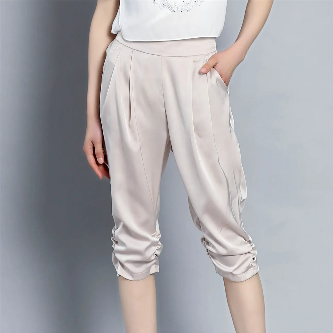 

2019 Summer New Office Lady Pant Solid Color Satin Calf-Length Pants Casual Elastic Waist Pleated Pant Oversize S-XXXL XXXXL