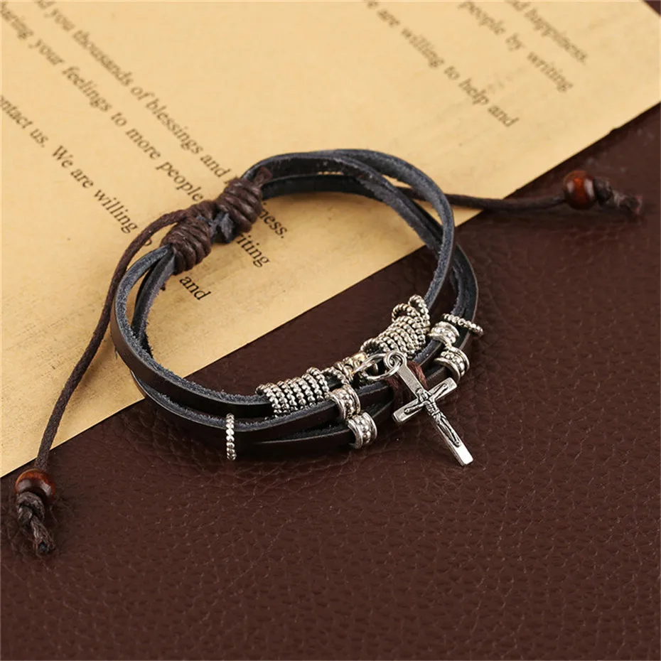 Punk Style Cool Cross Multilayer Women Men Bracelets Vintage Hand-woven Stylish Jewelry Fashion Charm Leather Bangle (1)