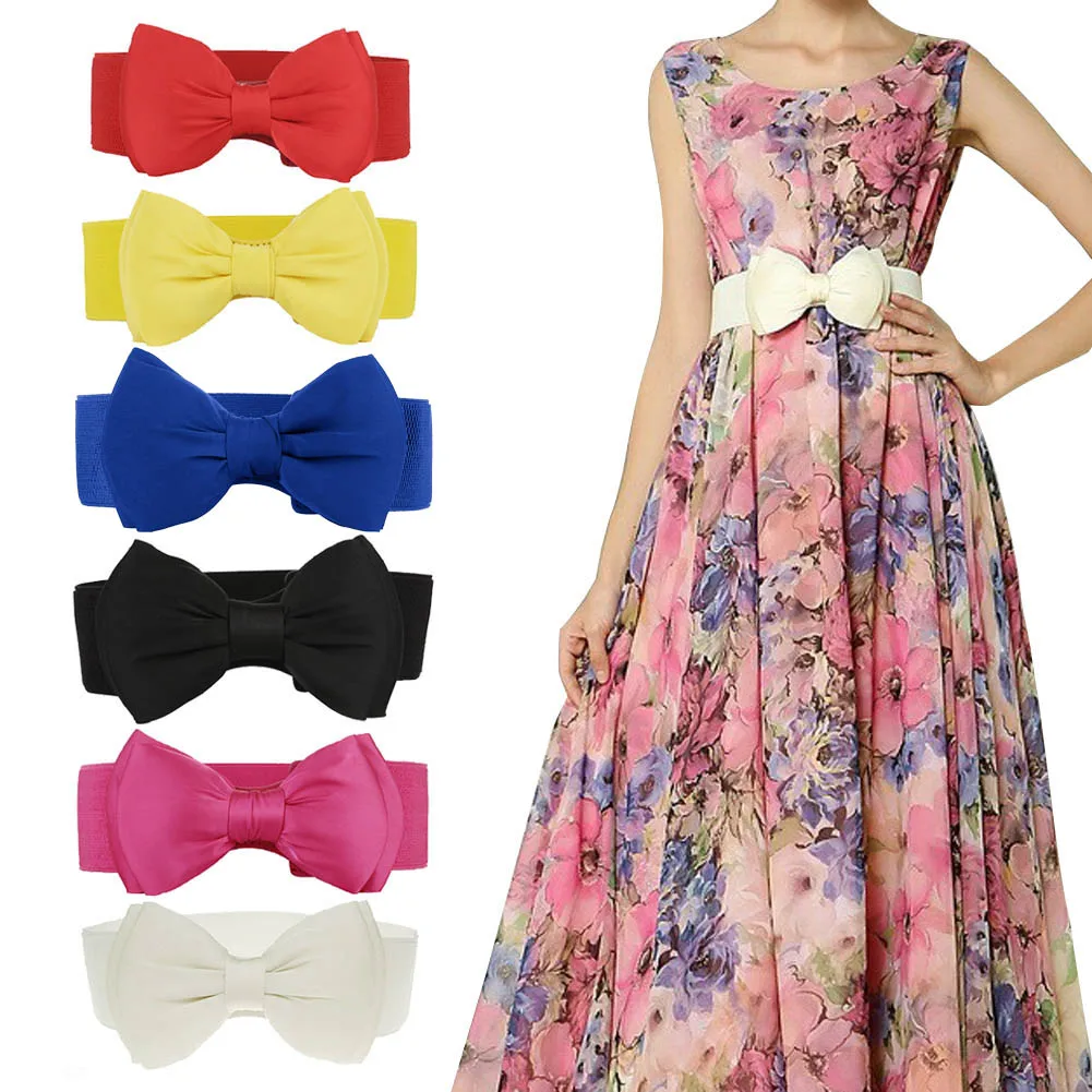 

Womens Chiffon Bowknot Elastic Bow Wide Stretch Bukle Waistband Waist Belt FDC99