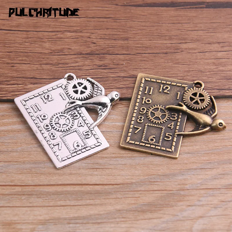 

PULCHRITUDE 2PCS 39*40mm Two Color Vintage Metal Zinc Alloy Steampunk Bird Clock Charms Fit Jewelry Pendant Charms Makings P6646