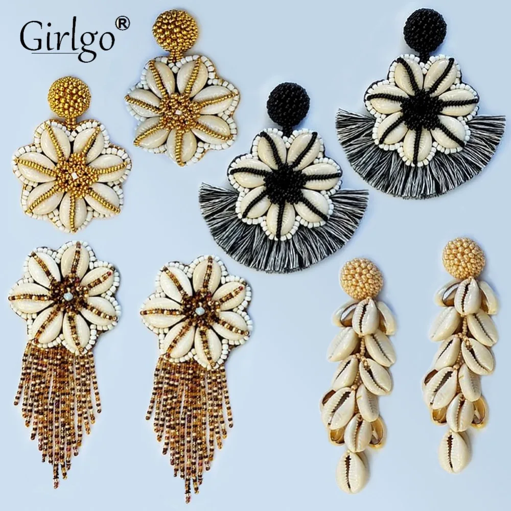 

Girlgo 2019 Vintage Sea Shell Handmade Beaded Earrings Women Niche Long Fringed Tassel Drop Earrings Boho Jewelry Wholesale Hot