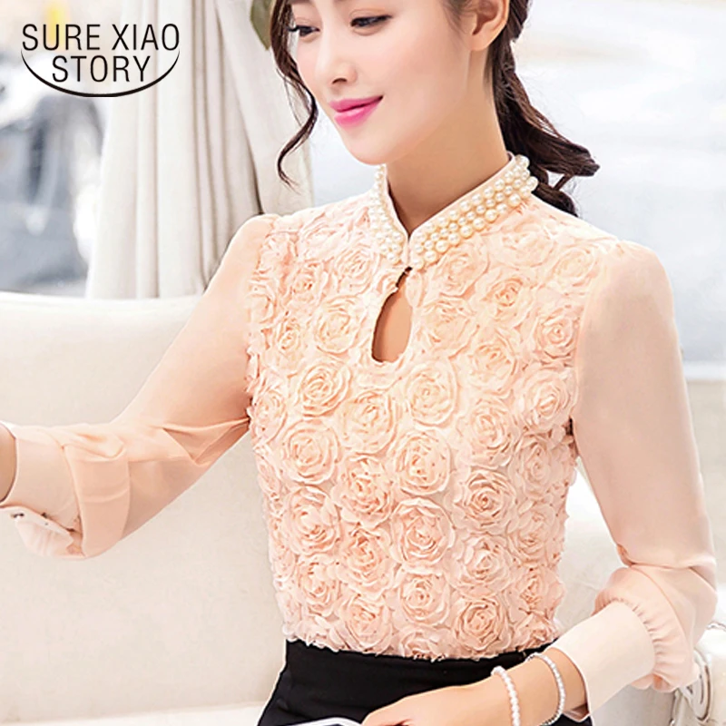 

2019 New fashion Women long sleeved Casual Chiffon blouse Sexy Flower pure elegant stand lace Tops 160E15